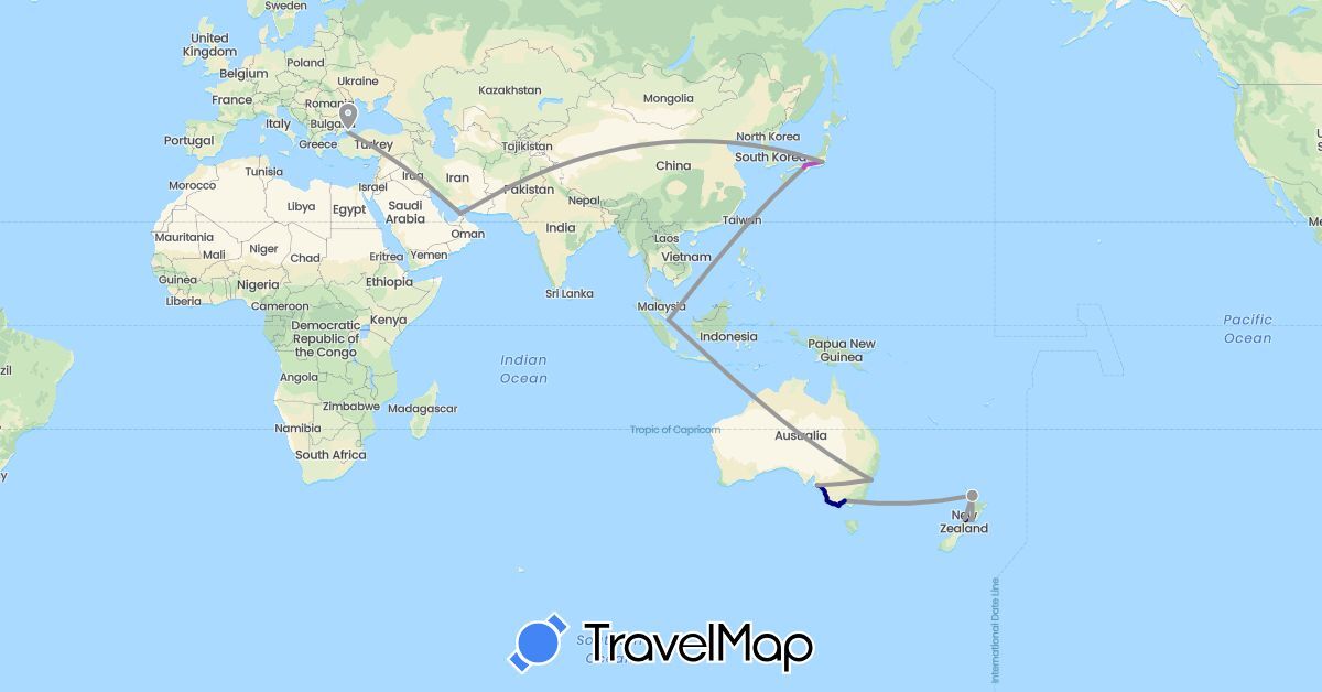 TravelMap itinerary: driving, plane, train, boat in United Arab Emirates, Australia, Japan, New Zealand, Singapore, Turkey (Asia, Oceania)